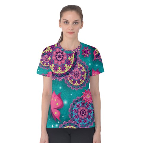 Floral Pattern Abstract Colorful Flow Oriental Spring Summer Women s Cotton T-shirt by Cemarart