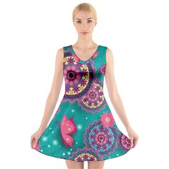 Floral Pattern Abstract Colorful Flow Oriental Spring Summer V-neck Sleeveless Dress by Cemarart