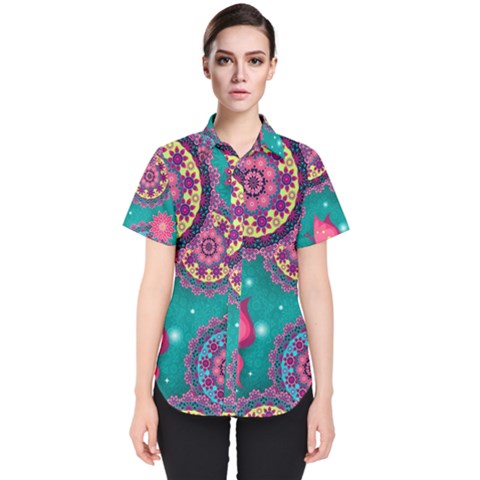 Floral Pattern Abstract Colorful Flow Oriental Spring Summer Women s Short Sleeve Shirt by Cemarart