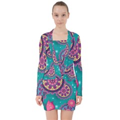 Floral Pattern Abstract Colorful Flow Oriental Spring Summer V-neck Bodycon Long Sleeve Dress by Cemarart