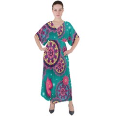 Floral Pattern Abstract Colorful Flow Oriental Spring Summer V-neck Boho Style Maxi Dress by Cemarart