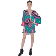 Floral Pattern Abstract Colorful Flow Oriental Spring Summer V-neck Flare Sleeve Mini Dress by Cemarart