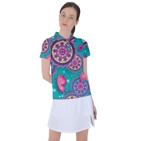 Floral Pattern Abstract Colorful Flow Oriental Spring Summer Women s Polo T-shirt by Cemarart