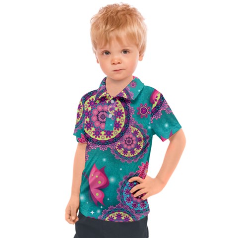 Floral Pattern Abstract Colorful Flow Oriental Spring Summer Kids  Polo T-shirt by Cemarart