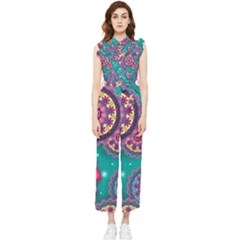 Floral Pattern Abstract Colorful Flow Oriental Spring Summer Women s Frill Top Chiffon Jumpsuit by Cemarart