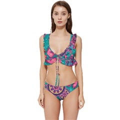 Floral Pattern Abstract Colorful Flow Oriental Spring Summer Low Cut Ruffle Edge Bikini Set by Cemarart