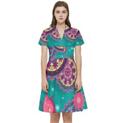 Floral Pattern Abstract Colorful Flow Oriental Spring Summer Short Sleeve Waist Detail Dress by Cemarart