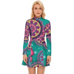 Floral Pattern Abstract Colorful Flow Oriental Spring Summer Long Sleeve Velour Longline Dress by Cemarart