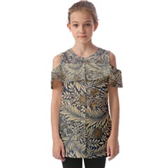 Brown Vintage Floral Pattern Damask Floral Vintage Retro Fold Over Open Sleeve Top by Cemarart