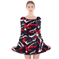 Shape Line Red Black Abstraction Long Sleeve Velvet Skater Dress by Cemarart