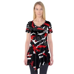 Shape Line Red Black Abstraction Short Sleeve Tunic  by Cemarart