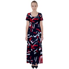 Shape Line Red Black Abstraction High Waist Short Sleeve Maxi Dress by Cemarart