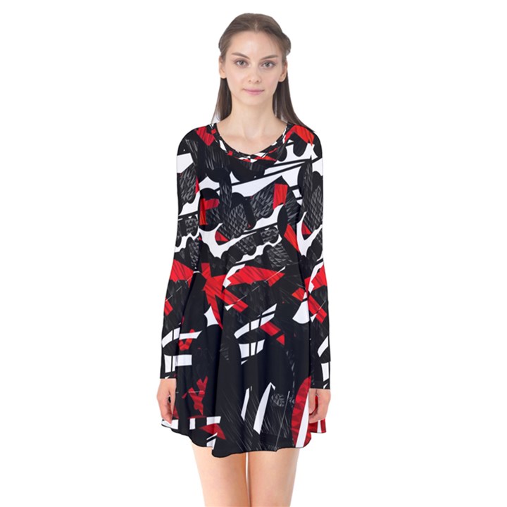 Shape Line Red Black Abstraction Long Sleeve V-neck Flare Dress