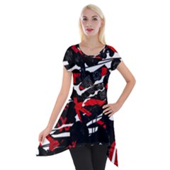 Shape Line Red Black Abstraction Short Sleeve Side Drop Tunic by Cemarart