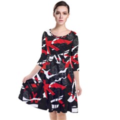 Shape Line Red Black Abstraction Quarter Sleeve Waist Band Dress by Cemarart