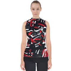 Shape Line Red Black Abstraction Mock Neck Shell Top by Cemarart