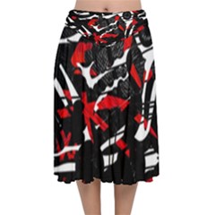 Shape Line Red Black Abstraction Velvet Flared Midi Skirt by Cemarart