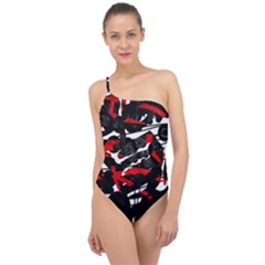 Shape Line Red Black Abstraction Classic One Shoulder Swimsuit by Cemarart