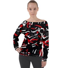 Shape Line Red Black Abstraction Off Shoulder Long Sleeve Velour Top by Cemarart