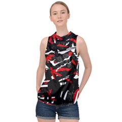 Shape Line Red Black Abstraction High Neck Satin Top by Cemarart