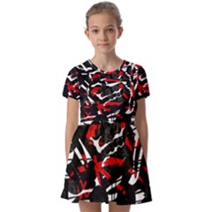 Shape Line Red Black Abstraction Kids  Short Sleeve Pinafore Style Dress by Cemarart