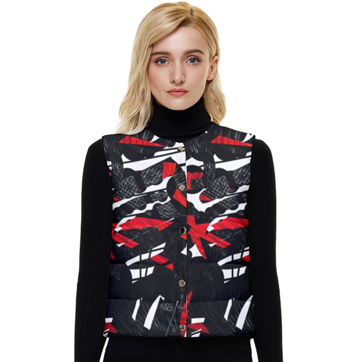 Shape Line Red Black Abstraction Women s Button Up Puffer Vest