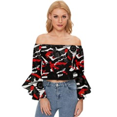 Shape Line Red Black Abstraction Off Shoulder Flutter Bell Sleeve Top by Cemarart