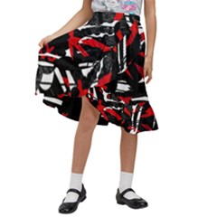 Shape Line Red Black Abstraction Kids  Ruffle Flared Wrap Midi Skirt by Cemarart