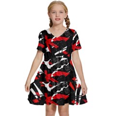 Shape Line Red Black Abstraction Kids  Short Sleeve Tiered Mini Dress by Cemarart