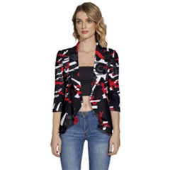 Shape Line Red Black Abstraction Women s 3/4 Sleeve Ruffle Edge Open Front Jacket by Cemarart