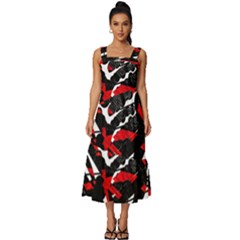 Shape Line Red Black Abstraction Square Neckline Tiered Midi Dress by Cemarart