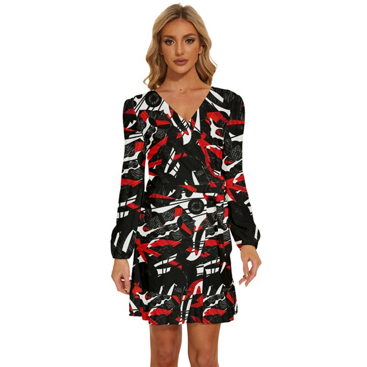 Shape Line Red Black Abstraction Long Sleeve Waist Tie Ruffle Velvet Dress