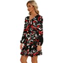 Shape Line Red Black Abstraction Long Sleeve Waist Tie Ruffle Velvet Dress View2