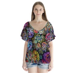 Floral Fractal 3d Art Pattern V-neck Flutter Sleeve Top by Cemarart