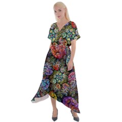 Floral Fractal 3d Art Pattern Cross Front Sharkbite Hem Maxi Dress by Cemarart