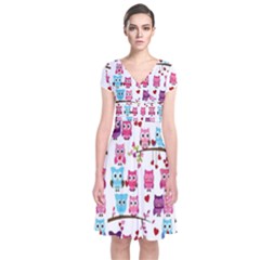 Owl Pattern Short Sleeve Front Wrap Dress by Cemarart