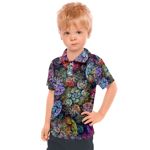 Floral Fractal 3d Art Pattern Kids  Polo T-shirt by Cemarart