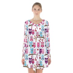 Owl Pattern Long Sleeve Velvet V-neck Dress