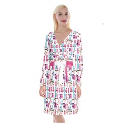 Owl Pattern Long Sleeve Velvet Front Wrap Dress by Cemarart