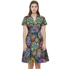 Floral Fractal 3d Art Pattern Short Sleeve Waist Detail Dress