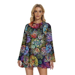 Floral Fractal 3d Art Pattern Round Neck Long Sleeve Bohemian Style Chiffon Mini Dress