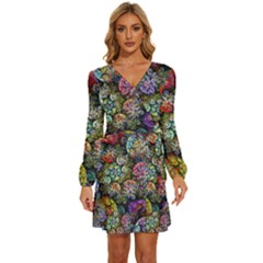 Floral Fractal 3d Art Pattern Long Sleeve Waist Tie Ruffle Velvet Dress