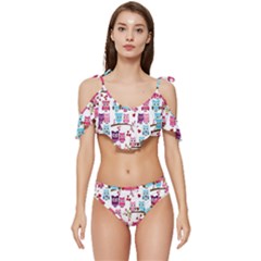 Owl Pattern Ruffle Edge Tie Up Bikini Set	 by Cemarart