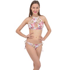 Red Flower Seamless Floral Flora Cross Front Halter Bikini Set by Cemarart