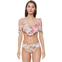 Red Flower Seamless Floral Flora Ruffle Edge Tie Up Bikini Set	 by Cemarart