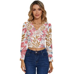 Red Flower Seamless Floral Flora Long Sleeve V-neck Top by Cemarart