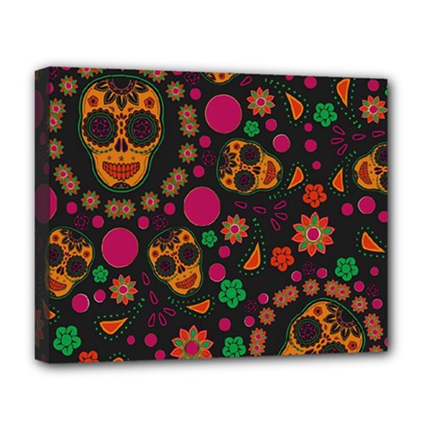 Skull Colorful Floral Flower Head Deluxe Canvas 20  X 16  (stretched) by Cemarart