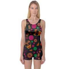 Skull Colorful Floral Flower Head One Piece Boyleg Swimsuit by Cemarart