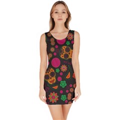 Skull Colorful Floral Flower Head Bodycon Dress by Cemarart