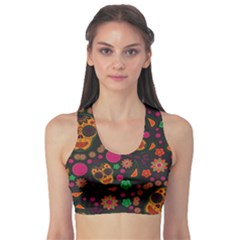 Skull Colorful Floral Flower Head Fitness Sports Bra by Cemarart